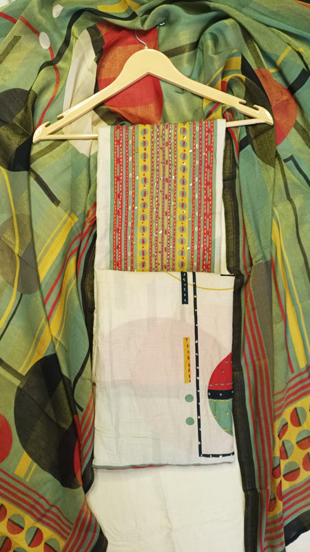 Beige Sea Green Muslin Suit