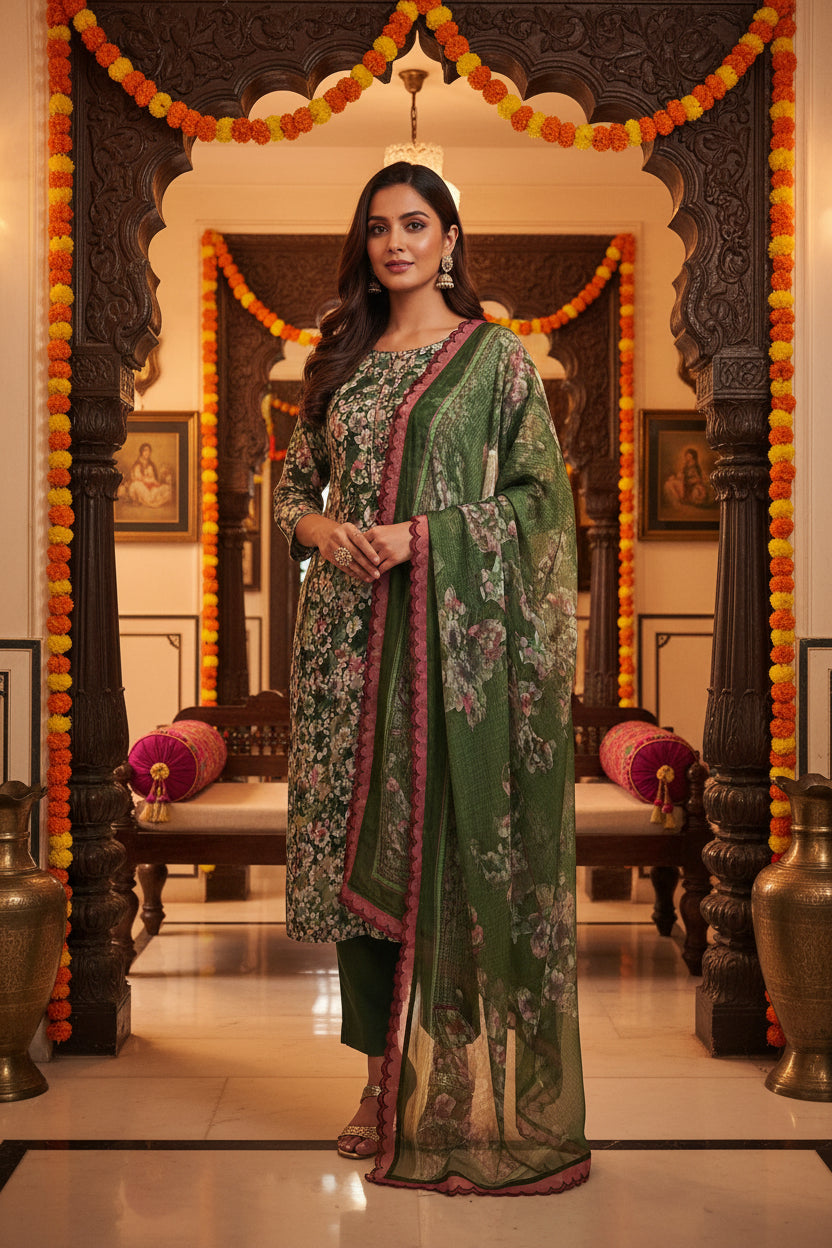 Green Mahroon Printed Suit