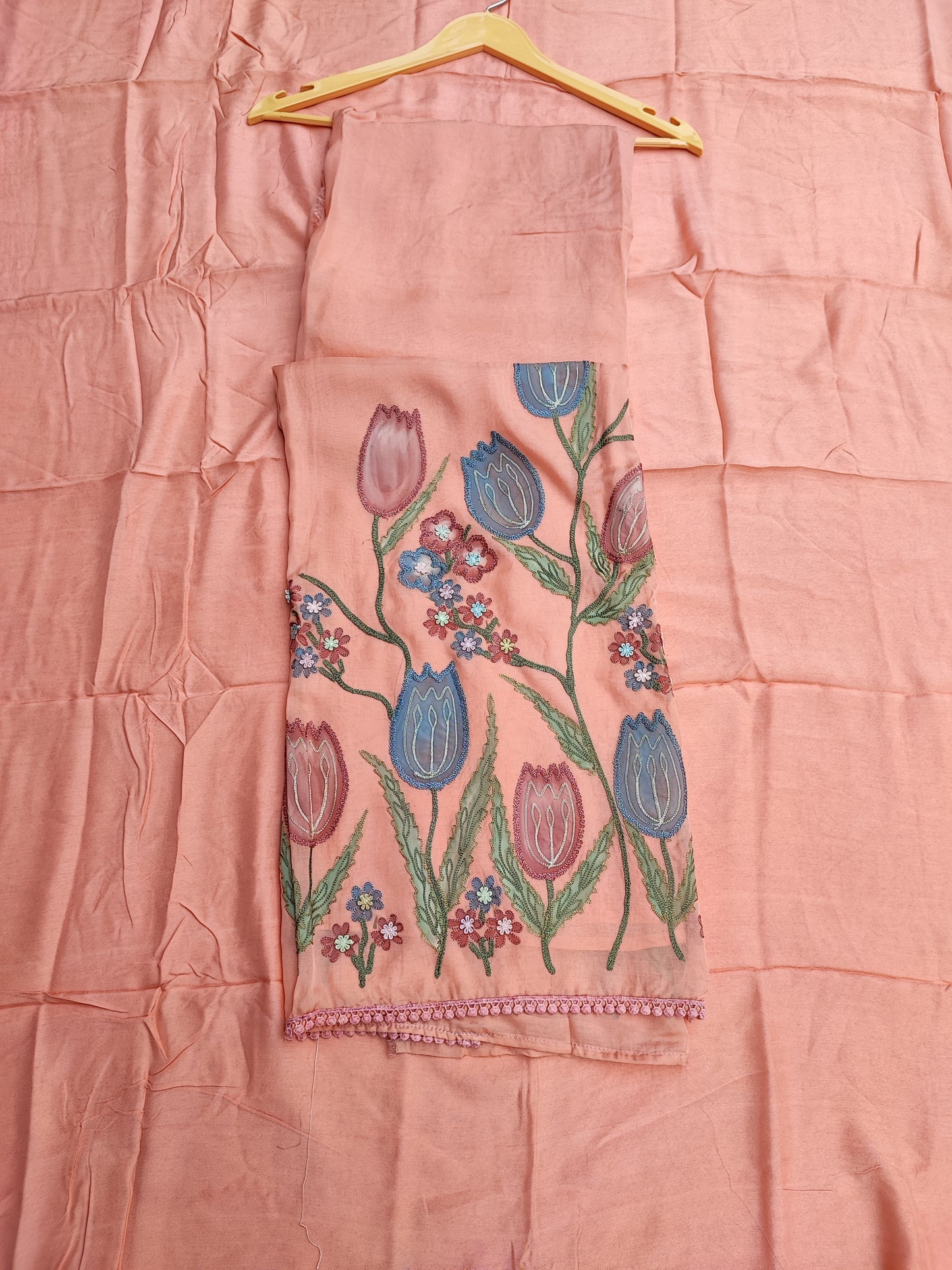 Peach Mul Cotton Tulip Print Suit