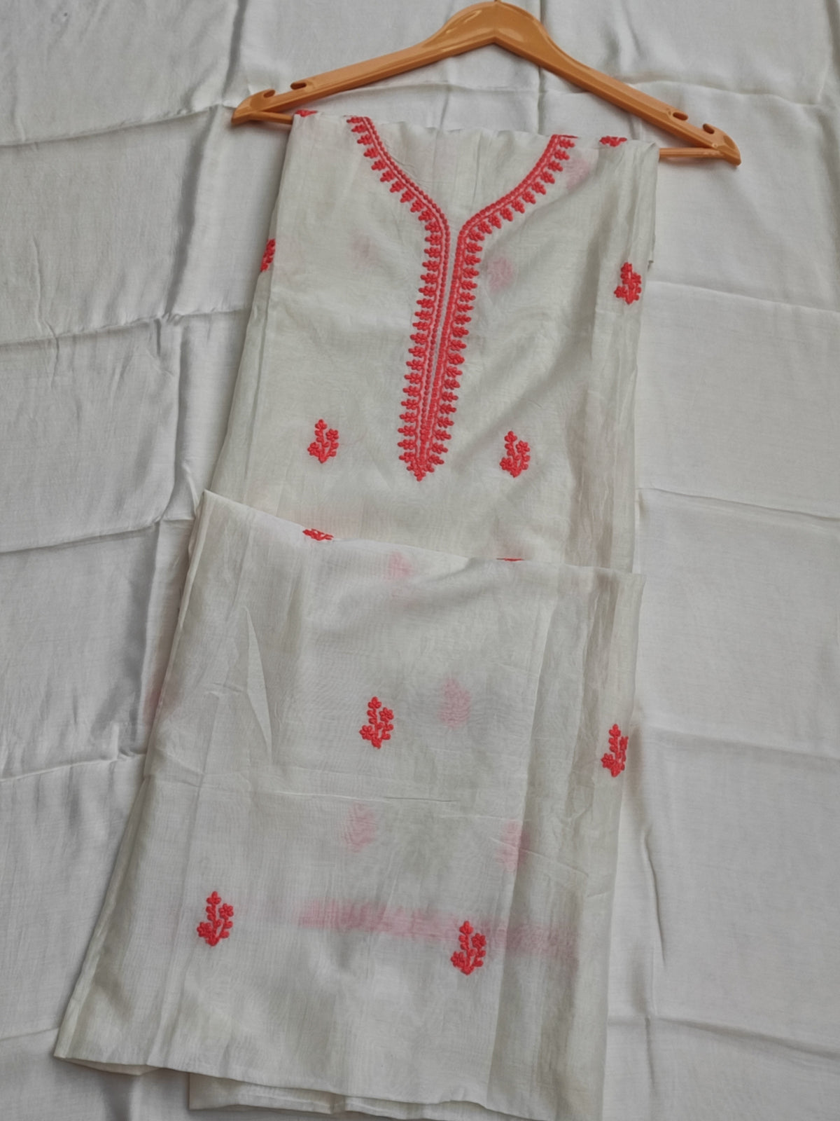 Off-White Mul Cotton Suit with Coral Dori Work