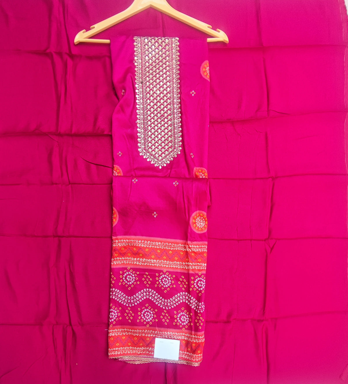 Magenta Bandhani Print Muslin Suit with Zari