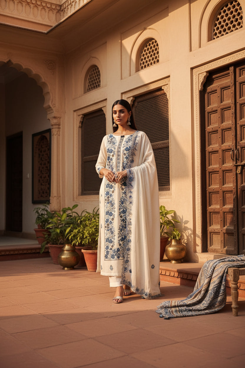 Cream/Blue Mul Cotton