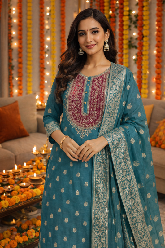 Muslin TealGreen Banasri Suit