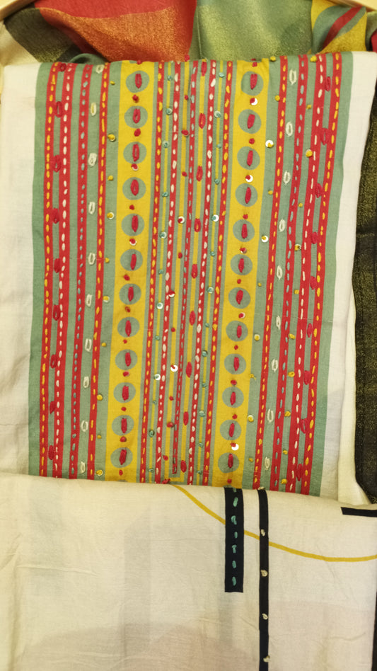 Beige Sea Green Muslin Suit