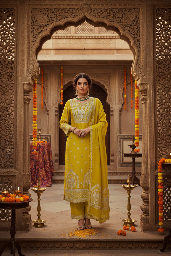 Mustard organza suit with aari embroidery, unstitched 3-piece