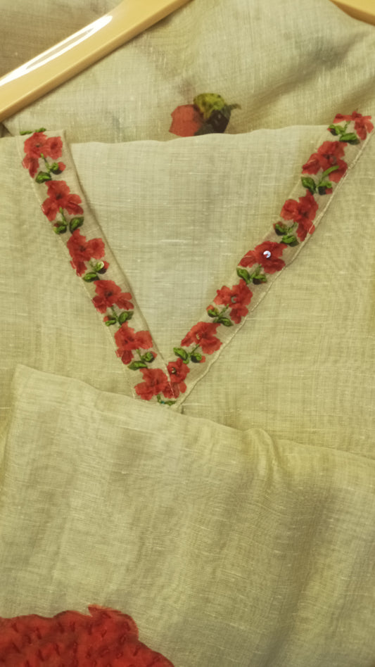 Beige Red Lilen Suit