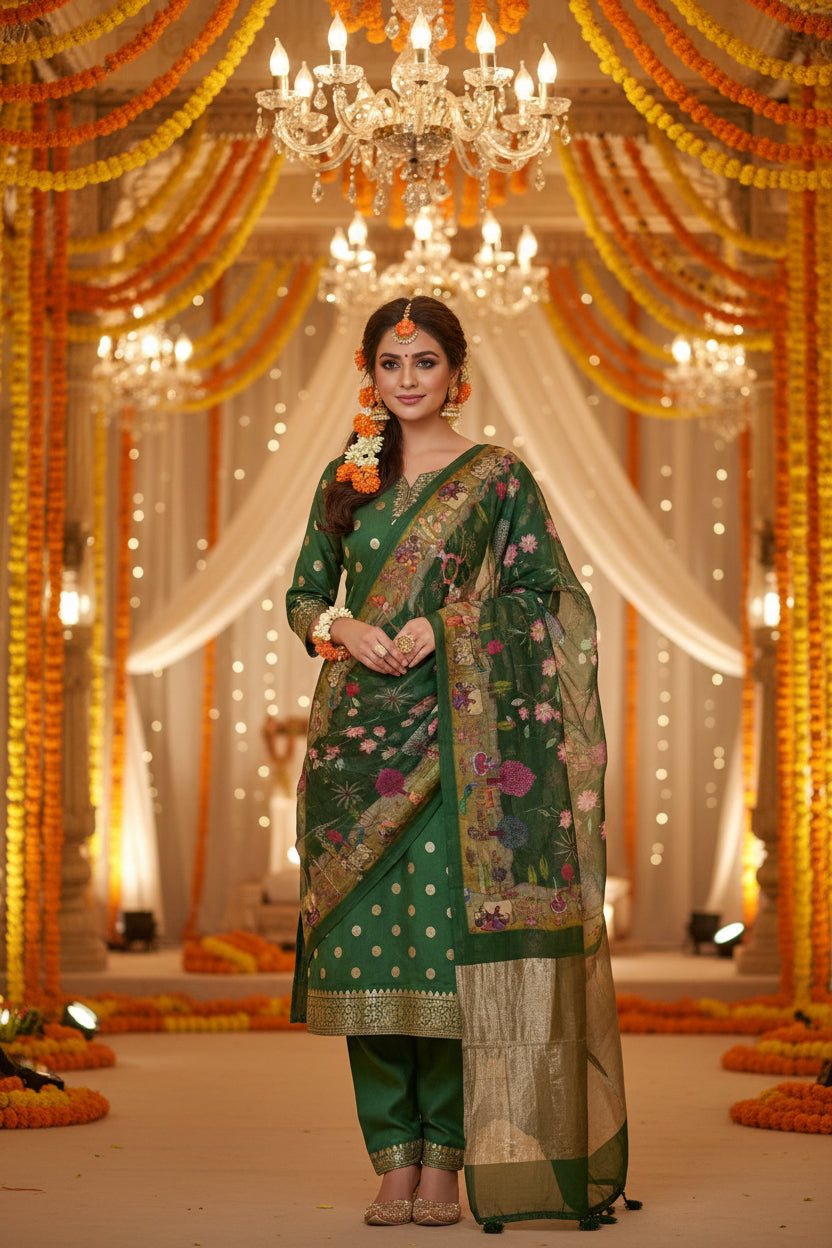 Bottle green Chanderi suit with kalamkari printed organza dupatta, unstitched