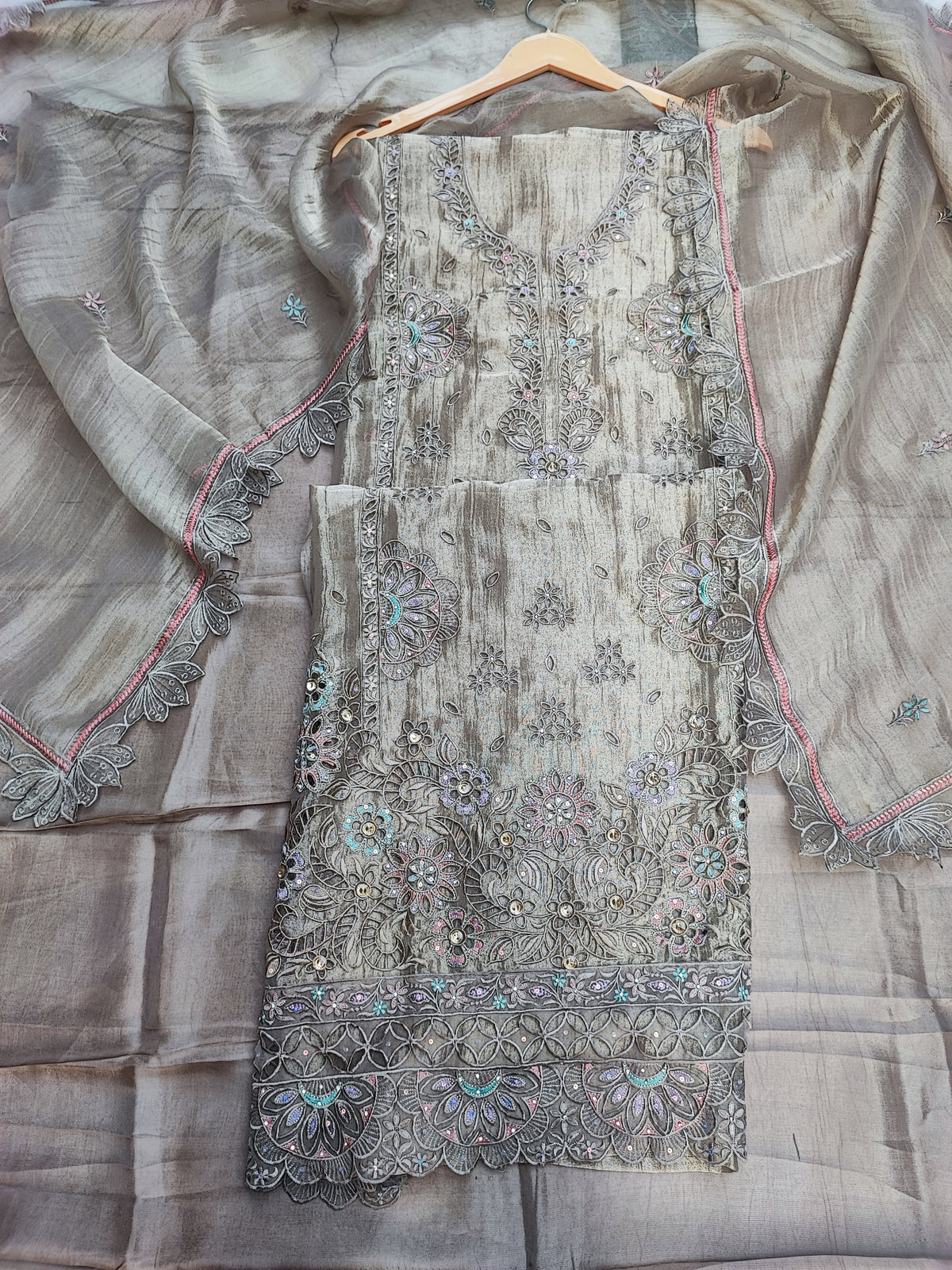 Golden Crushed Tissue Suit with Cutwork & Stones