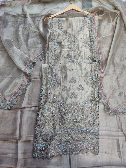 Golden Crushed Tissue Suit with Cutwork & Stones