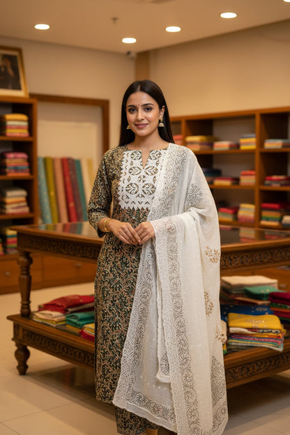 Green Applique Cotton Suit