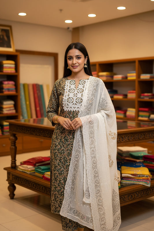 Green Applique Cotton Suit