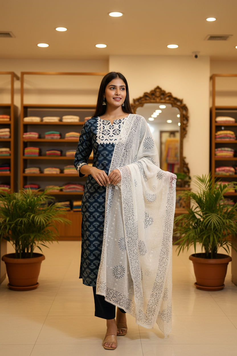 Indigo Applique  Cotton Suit