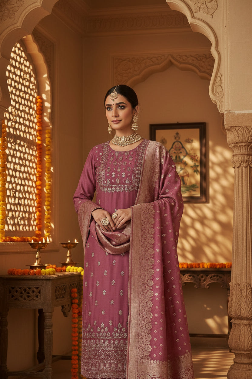 Act as an ethnic wear shoot director. Create a model image of a woman wearing a pic of a suit in a indian ambiance