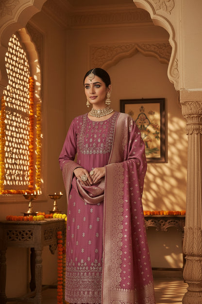 Act as an ethnic wear shoot director. Create a model image of a woman wearing a pic of a suit in a indian ambiance