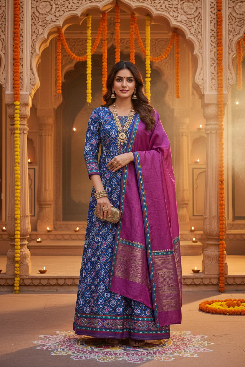Royal blue patola print art silk suit with purple contrast bottom, unstitched 3-piece