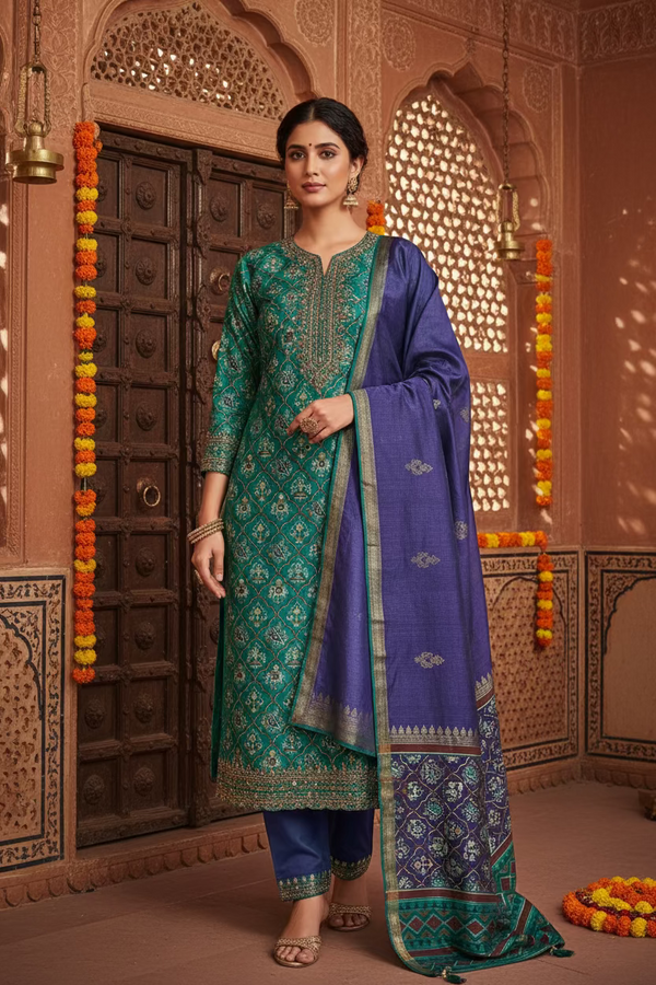 Teal blue patola print art silk suit, unstitched 3-piece