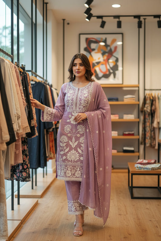 Lavender Mulmul Applique Suit