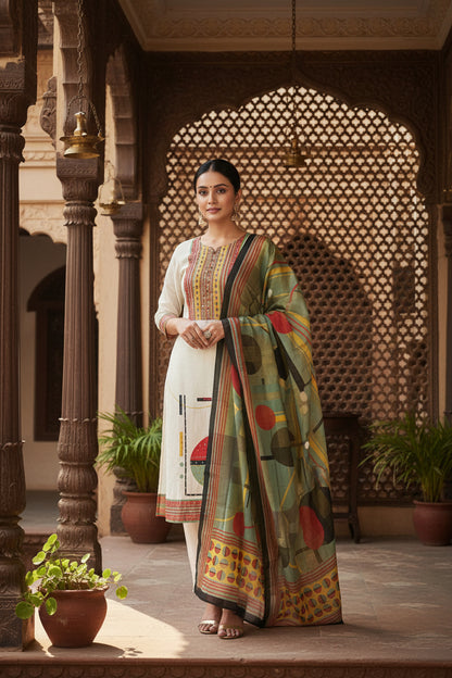 Ivory Sea Green Muslin Suit