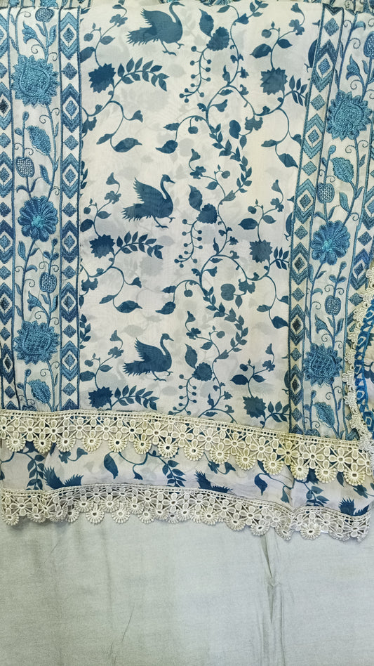 Beige Blue Organza Suit