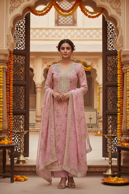 Pink Printed organza suit