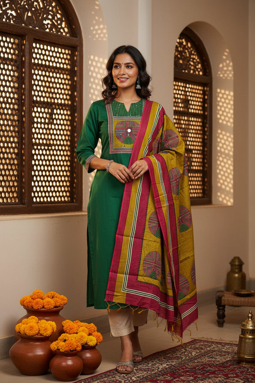 Green Kantha Work Suit