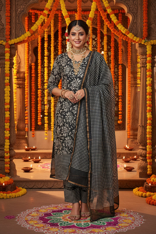 Black White Maheshwari Suit