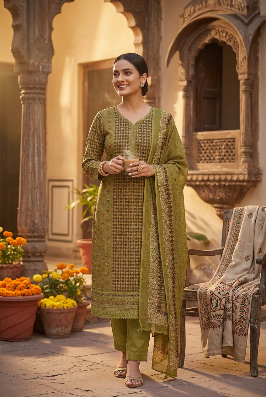 Green printed muslin suit set with embroidery detailing and matching dupatta