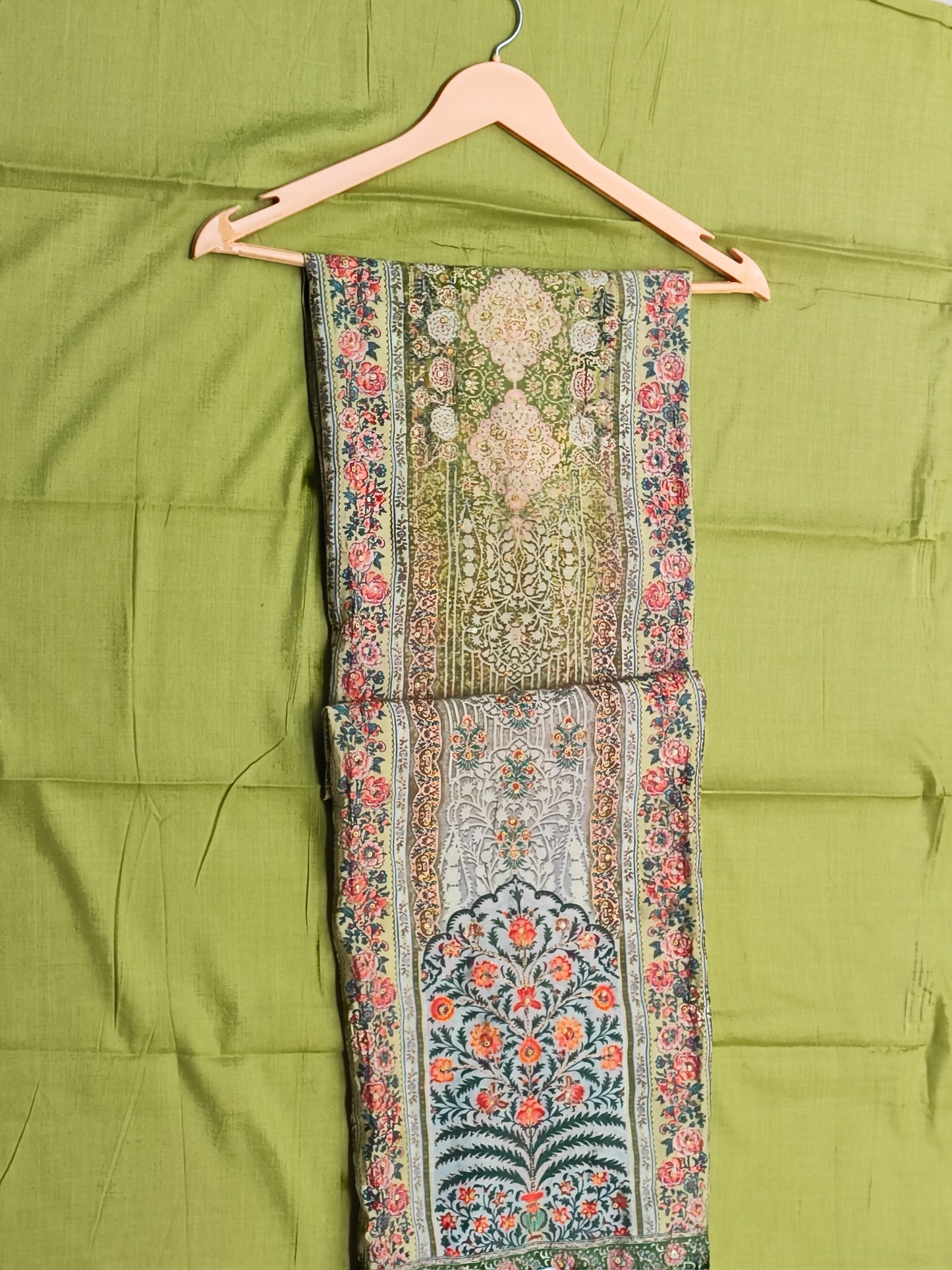 Muslin Green Printed Suit