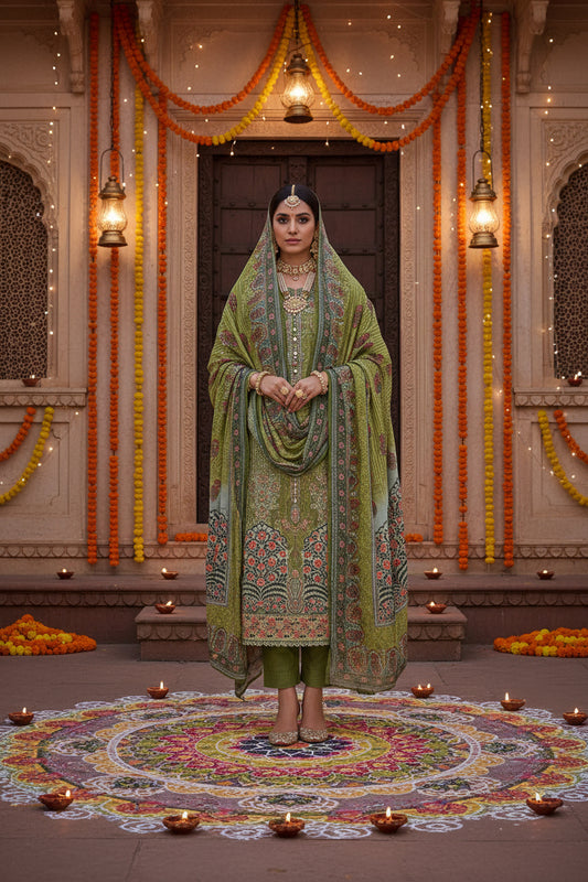 Muslin Green Printed Suit
