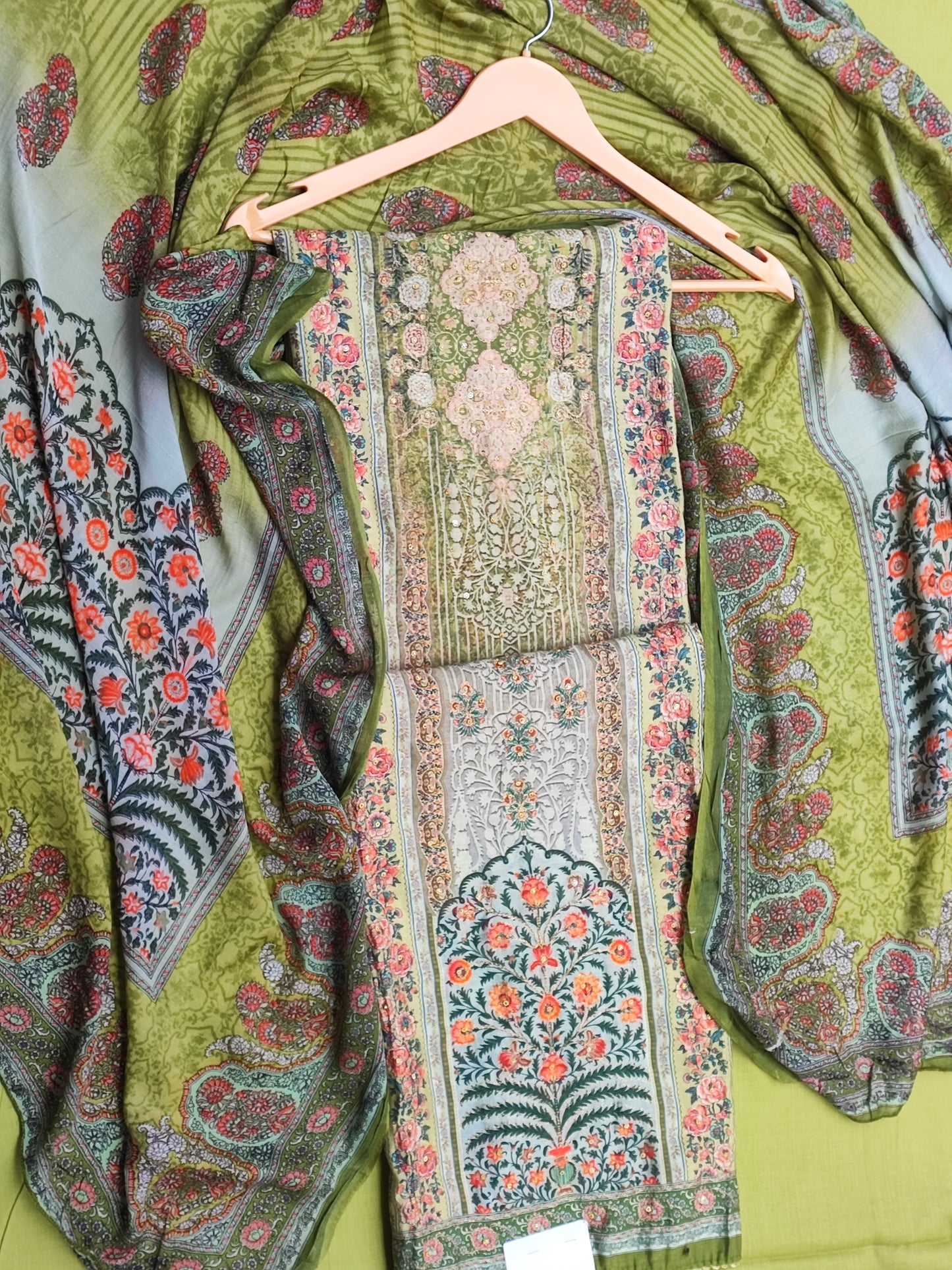 Muslin Green Printed Suit