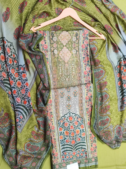 Muslin Green Printed Suit