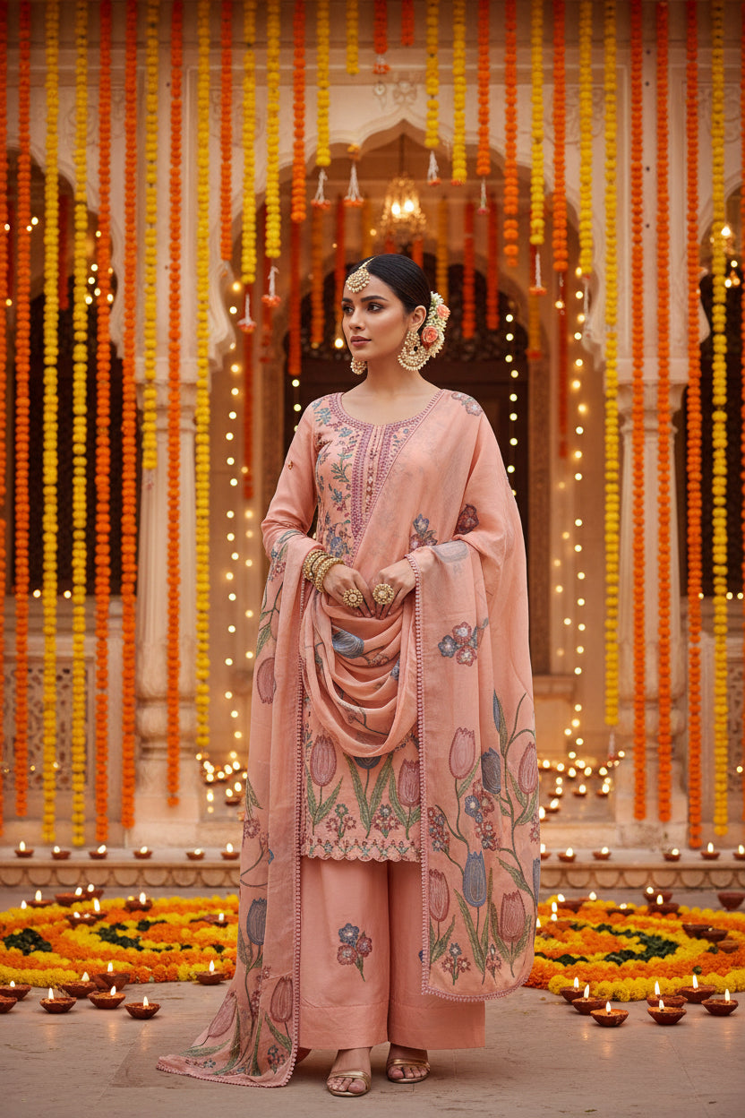 Peach Mul Cotton Tulip Print Suit