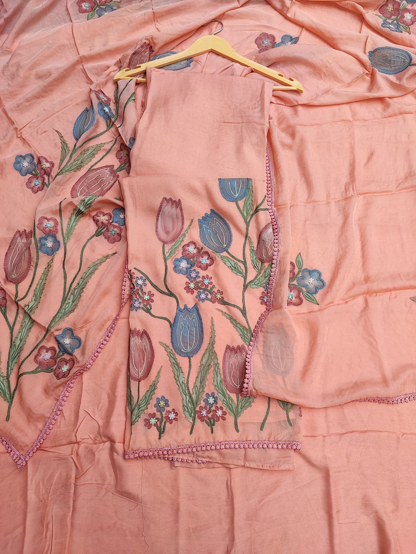 Peach Mul Cotton Tulip Print Suit