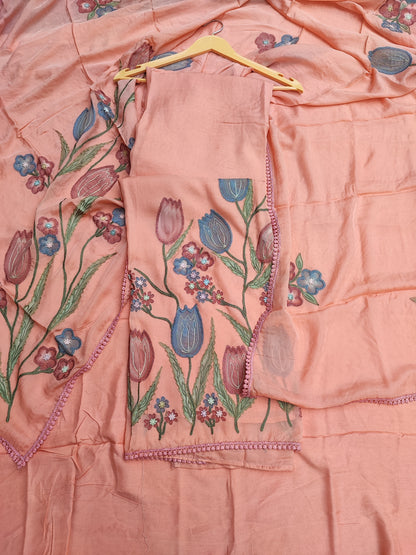 Peach Mul Cotton Tulip Print Suit
