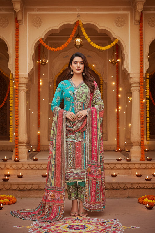 Multi Organza Printed Suit