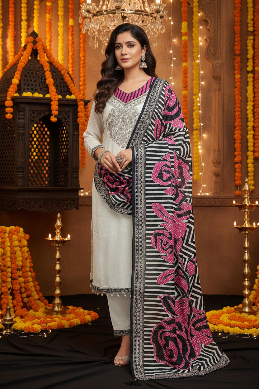 Printed Muslin Ivory Maganta