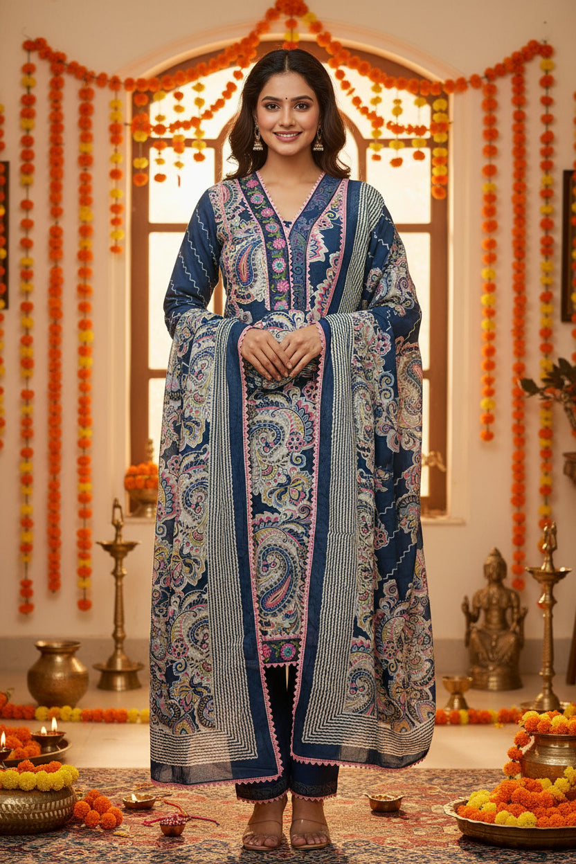 Navi Muslin Printed Suit