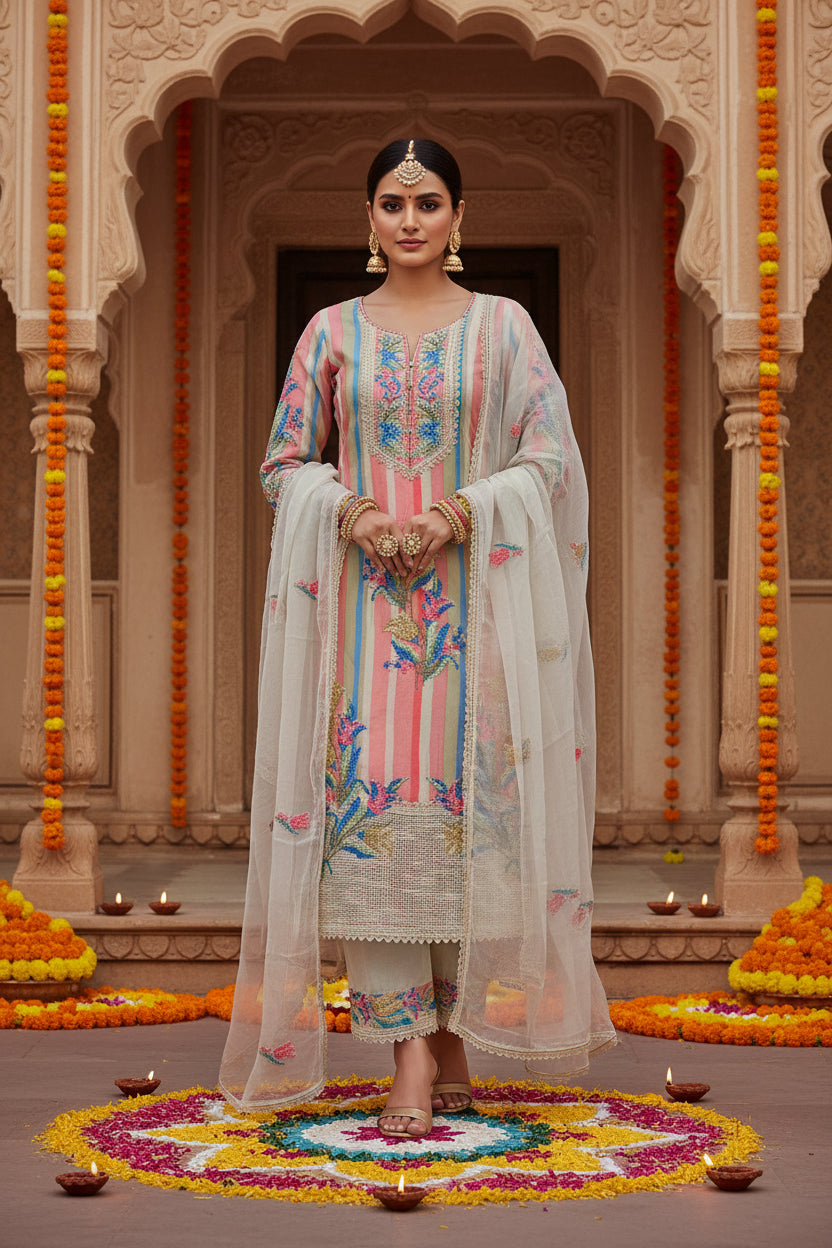 Peach Strips Cotton Suit