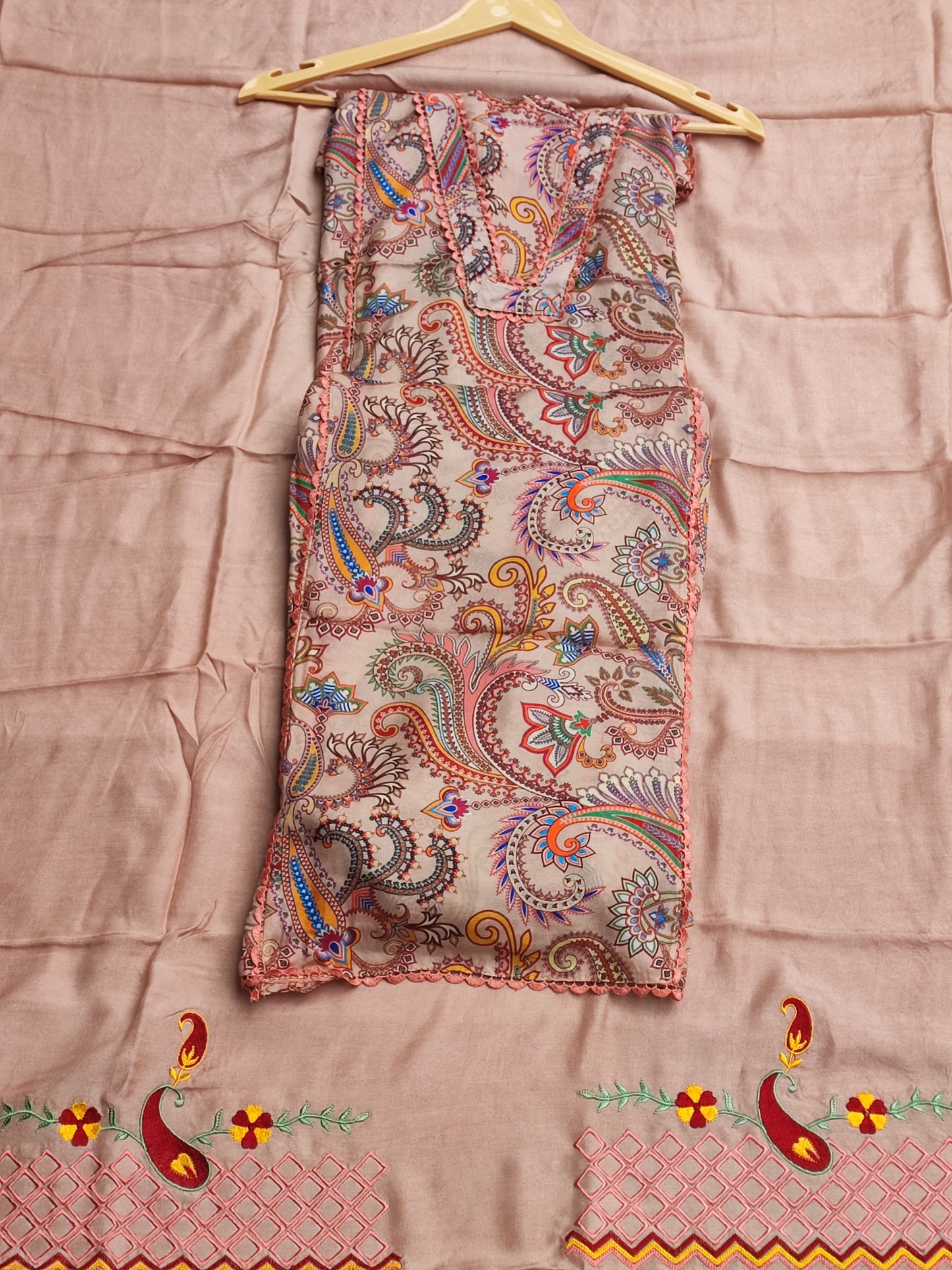 Beige Cotton Printed Suit