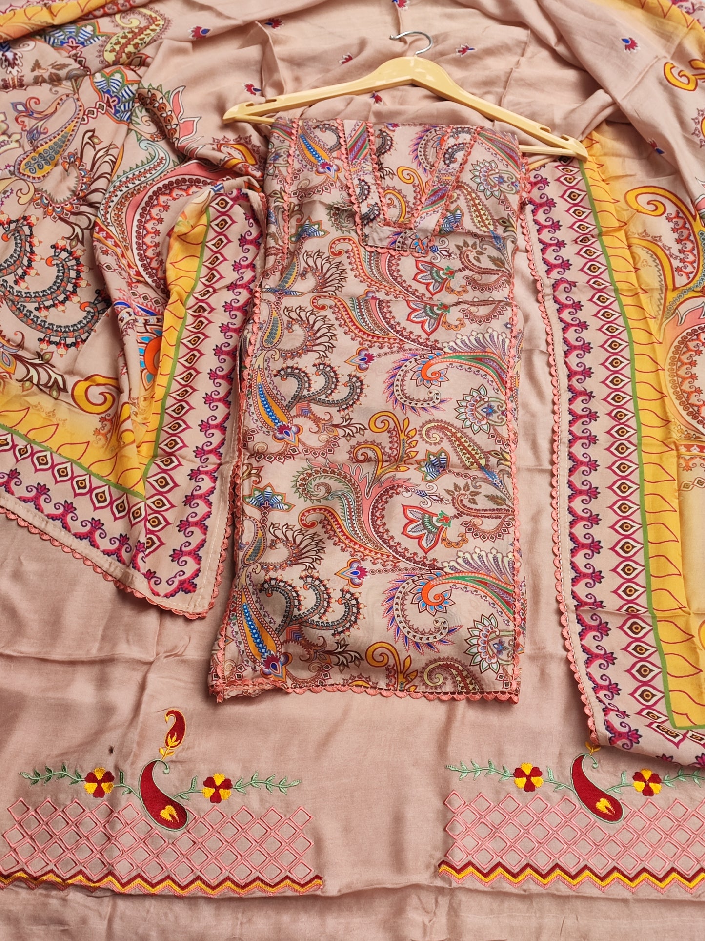 Beige Cotton Printed Suit