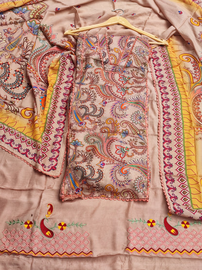 Beige Cotton Printed Suit