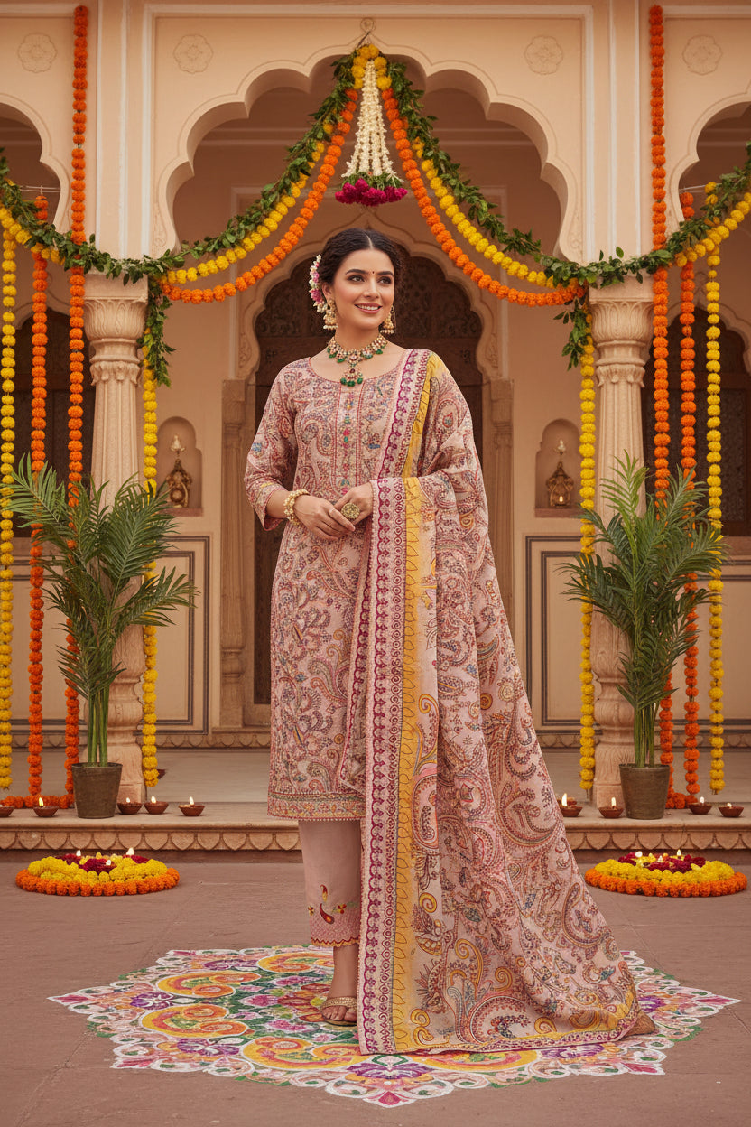 Beige Cotton Printed Suit