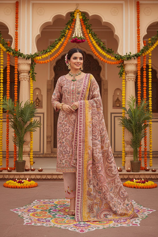 Beige Cotton Printed Suit