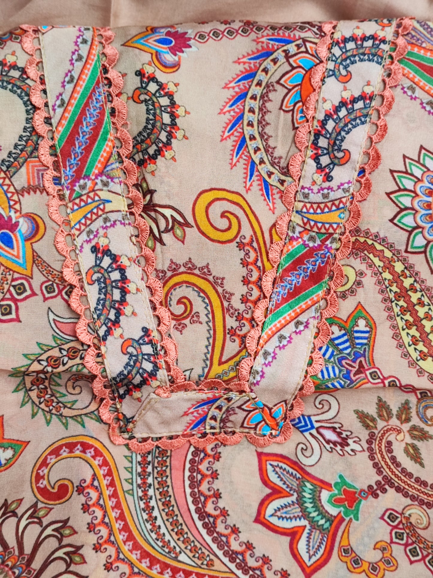 Beige Cotton Printed Suit