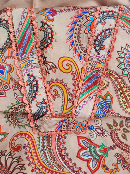 Beige Cotton Printed Suit