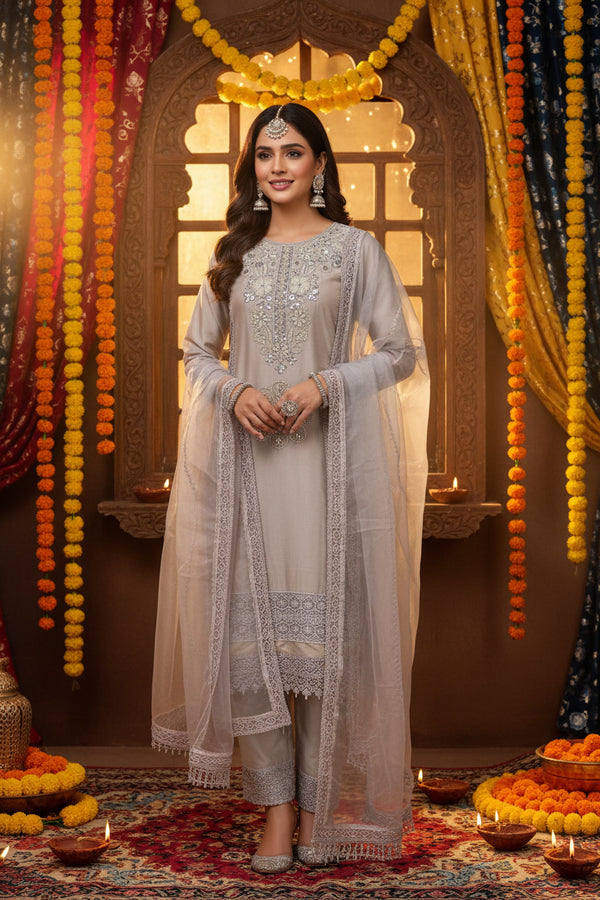 Grey muslin suit with hand embroidery and lace, unstitched 3-piece