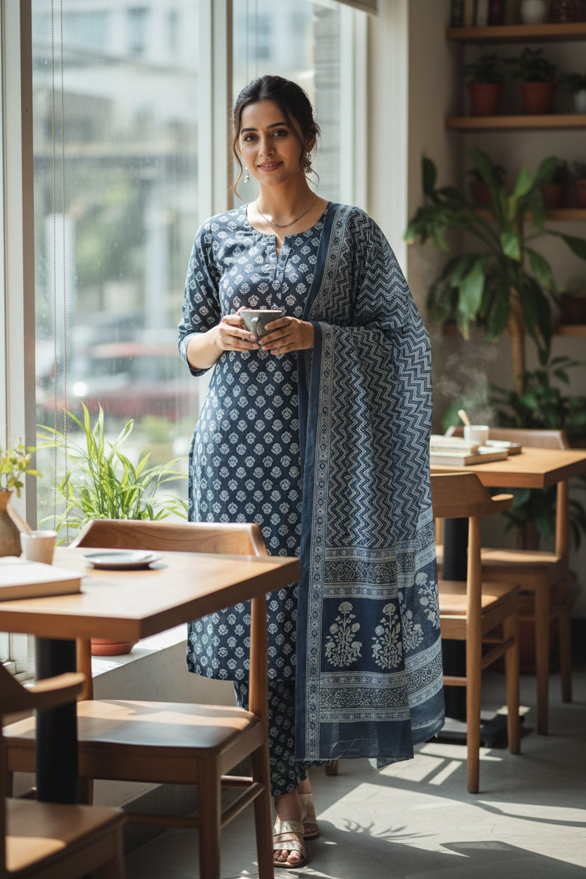Grey Floral Cotton Suit