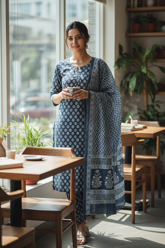 Grey Floral Cotton Suit