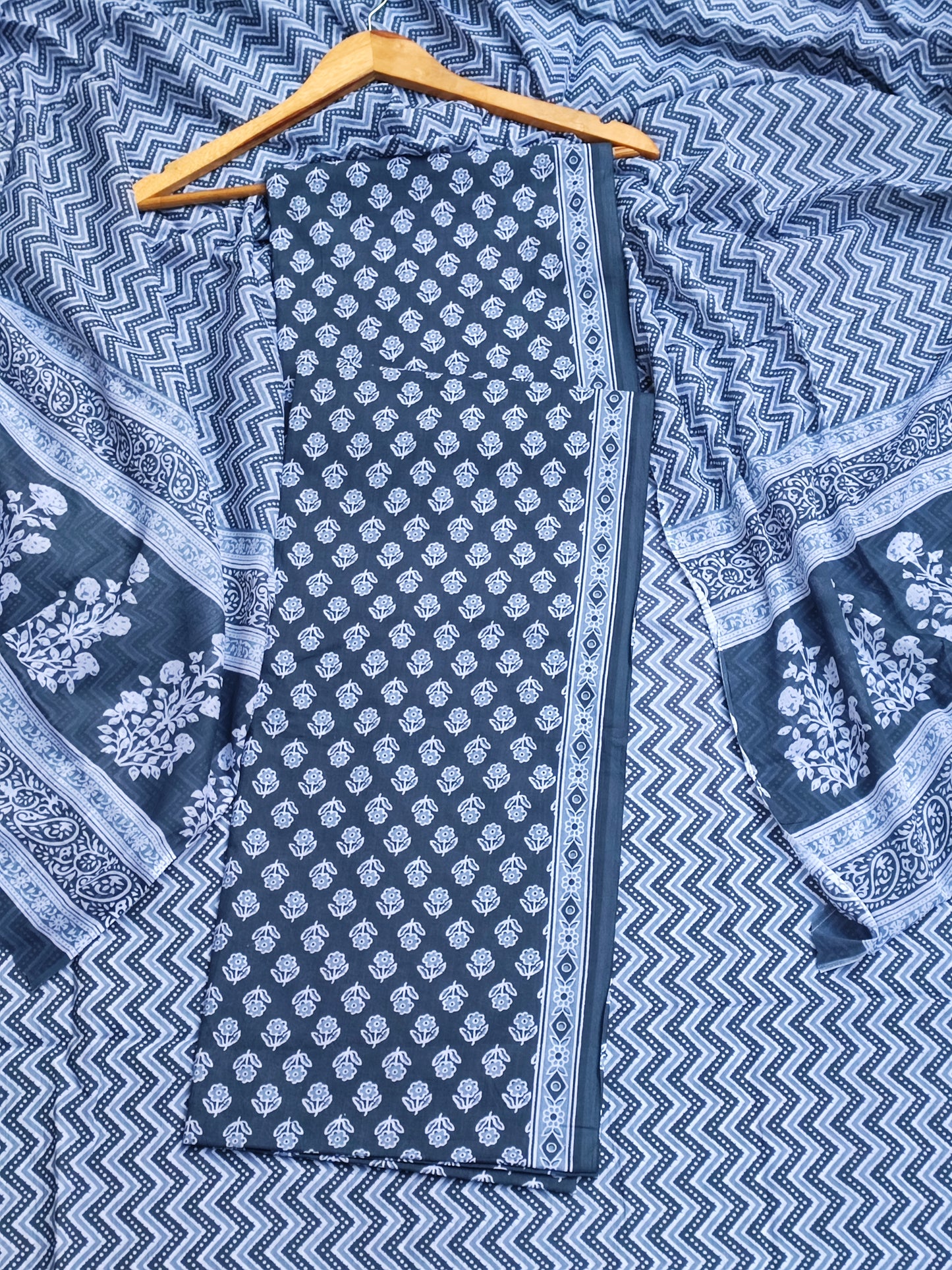 Grey Floral Cotton Suit