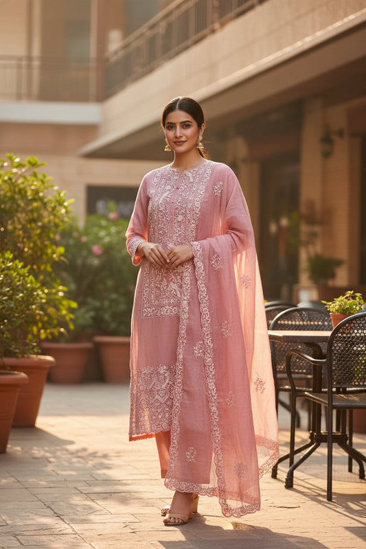 Dusty Pink Mul Suit with Thread Embroidery